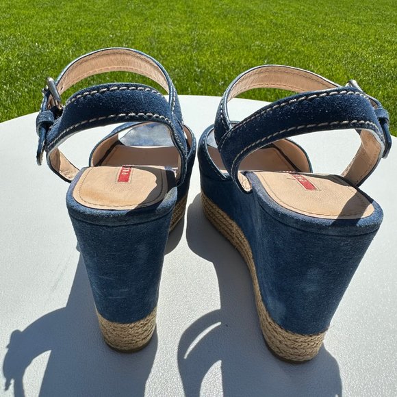 PRADA 3XZ170 Blue Suede Peep Toe Platform Wedge Espadrille Heel Sandals-39.5/9.5 - Picture 5 of 7